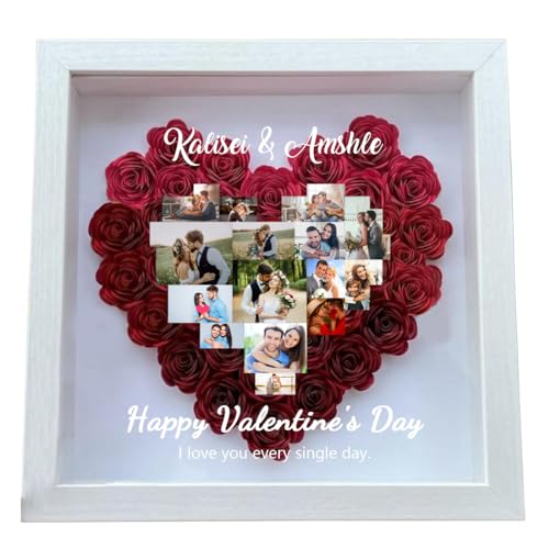 Personalized Heart Photo Collage Flower Shadow Box Frames,Custom Wooden Heart Collage Picture Frames,Rose Flower Shadow Bo...