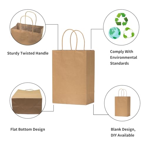 vanhel 50 PCS Gift Bags with Handles,8 x 4.25 x 10.5 Inches,Gift bag,Brown Paper Bags with Handles bulk, Shopping,Party, R...