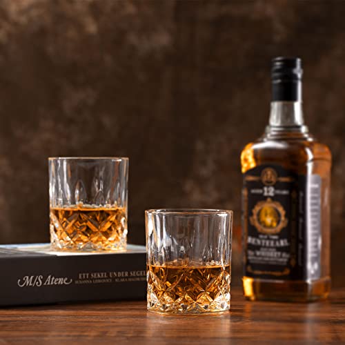 Whiskey Rocks Glass, Set of 4 (2 Crystal Bourbon Glasses, 2 Round Big Ice Ball Molds) In Gift Box - 10 Oz Old Fashioned Gl...