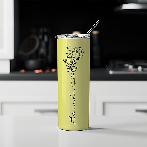 Birthday Gifts for Women, Personalized Tumblers with Birth Flower and Name, 10 Colors - 20 Oz, Skinny Tumblers for Women