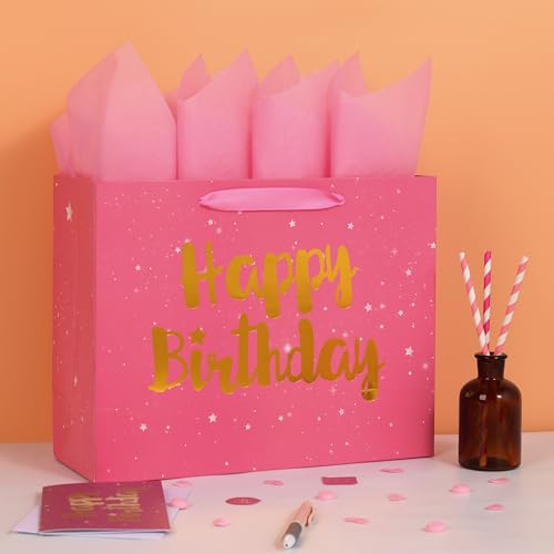 13" Large Pink Gift Bag Set with Greeting Card and Tissue Papers (Stars and Gold Foil ‘Happy Birthday’) for Women's Party,...