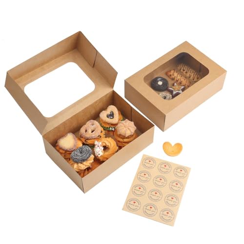 YEKTFS 24 Pcs Cookie Boxes with Window for Paper Gift Giving Brown Bakery Gift Boxes 9 x 6.3 x 3 Inch, Easy Estate Holiday...