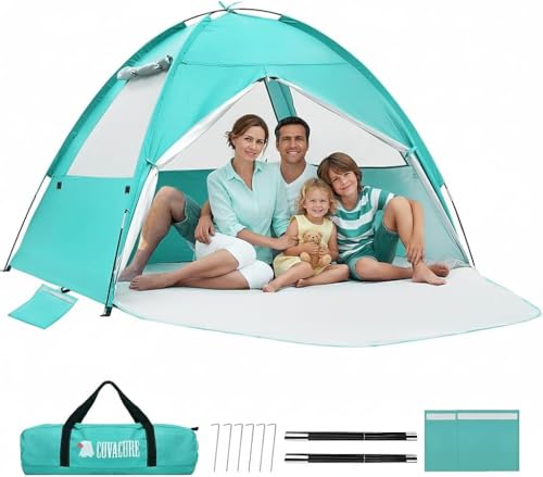 COVACURE 2026 New Upgraded Beach Tent Sun Shelter - UPF 50+ UV Protection Beach Shade for 3-4 Person, Waterproof & Lightwe...