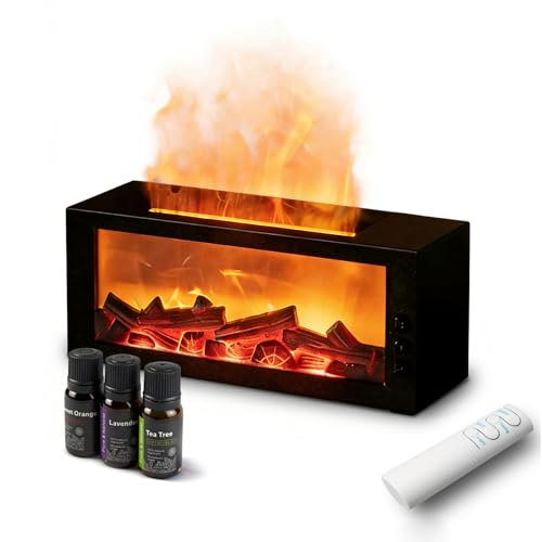 Fireplace Diffusers with 3 Essential Oils Set,Color Flame Aroma Essential Oil Diffuser with Remote Control,300ml Small Hum...