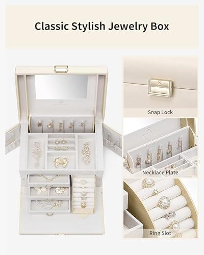 Vlando Jewelry Box Organizer for Girls Women, Large Jewelry Holder Organizer with Mirror, 3 Drawers for Bracelets, Earring...