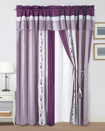 Chezmoi Collection Linnea 4-Piece Luxury Purple/Lavender/Gray Cherry Blossom Floral Embroidery Window Curtain Panel Set wi...