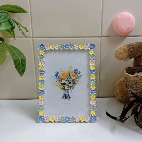 XinZhiRun Metal Picture Frame Silver Plated with Rainbow Flower Enamel Lovely Flowers Photo Frame 5 x 7 inch for Home Deco...