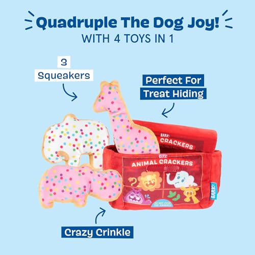 Barkbox Animal Squeakers 4-in-1 Interactive Plush Dog Toy - Squeaky Dog Toys with Crinkle Box and Treat-Hiding - for Extra...