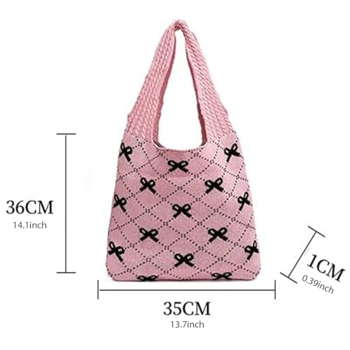 Busnos Beach Bags for Women Coquette Bow Bag Purse Cute Crochet Beach Tote Bag Boho Knit Shoulder Purses Travel Vacation