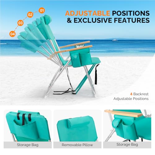 VINGLI 17" Tall Beach Chairs for Adults,Aluminum 4-Position Backpack Beach Chair with Wooden Armrests,Folding Lawn Chair f...