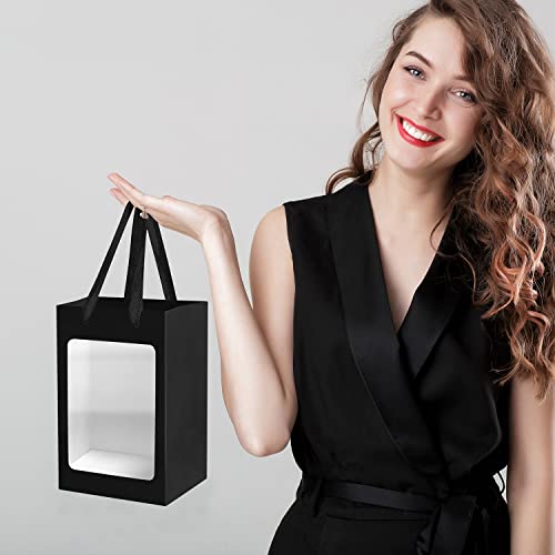 BallHull 12 Pcs Black Kraft Paper Gift Bags with Transparent Window, 9.84"x7.0"x5.12" Kraft Shopping Bags with Handles for...