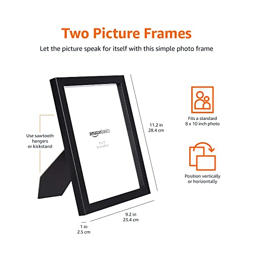 Amazon Basics Rectangular Photo Picture Frame, 8" x 10", Wall Hanging or Tabletop Display, Black, 2-Pack, Horizontal or Ve...