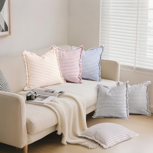 HEAVYWOOD Throw Pillow Covers Striped Boho Cushion Cover with Tassels Fringe Linen Accent Neutral Decorative Pillowcase fo...