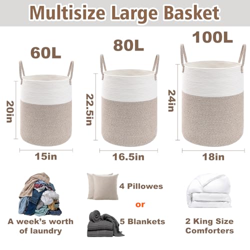 JMvicyroam Large Woven Laundry Basket Hamper,60L Cotton Rope Storage Bin for Blankets,Toys and Clothes,Decorative Tall Nur...