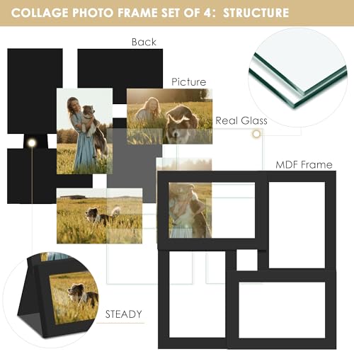 DUENPY 4x6 Collage Picture Frame Tempered Glass Front, Displays Four 4x6 Photo, Family Photo Collage Frame, Wall Decor Wal...