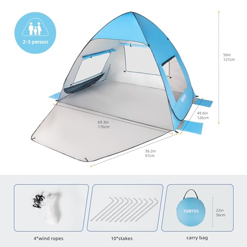 TOBTOS UPF 50+ Pop Up Beach Tent, Easy Set Up Beach Umbrella, Sun Shelter for 2-3 People UV Protection Portable Sunshade, ...