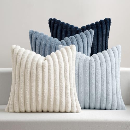 MIULEE Faux Fur Plush Decorative Throw Pillow Covers 18x18 Set of 4, Summer Modern Soft Fuzzy Coastal Striped Cushion Cove...