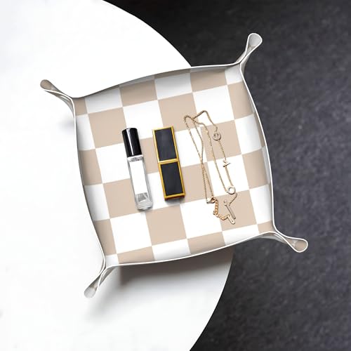 Checkered Jewelry Tray, PU Leather Cute Aesthetic Checkered Room Decor Preppy Accessories for Teen Girls Women, 8 Inches