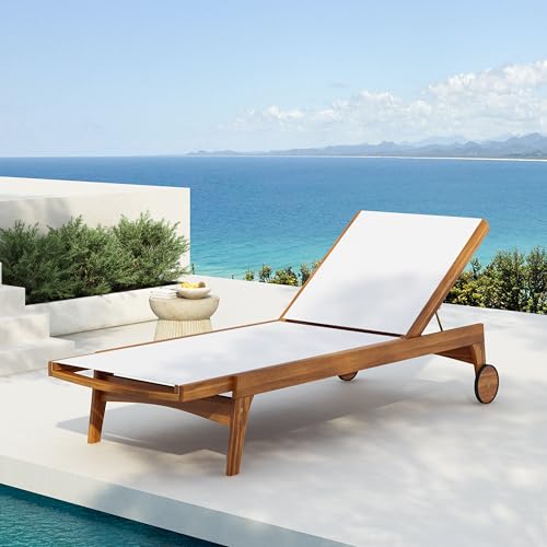 Merax Outdoor Reclining Chaise Lounge, Acacia Wood & Breathable Mesh, Adjustable Sun Lounger for Patio, Poolside & Garden ...