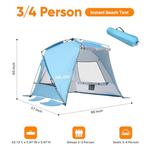 Golabs BT1 Pop up Beach Tent Sun Shelter for 3-Person, 1-Minute Setup by Pre-Attached Pole & UPF 50+, Beach Shade with Det...