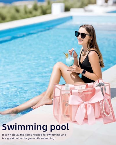 URZCT Jelly Tote Bag,Beach Tote Bag for Women,Pink Beach Bag with Bow,Large Waterproof Zipper Bag