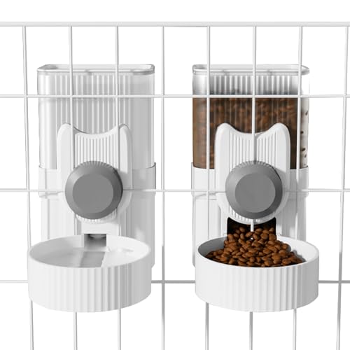 Hanging Cage Automatic Small Pet Food Bowl Water Bottle Dispenser, 1L Auto Gravity Pet Feeder and Waterer Set Kennel Feedi...