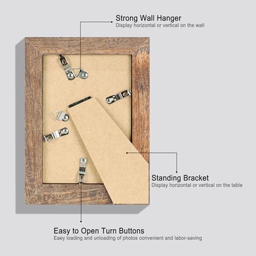 iRahmen 5x7 Picture Frame Set of 4, High Definition Real Glass Rustic Brown Frame, 5 x 7 Wood Photo Frames for Tabletop Di...