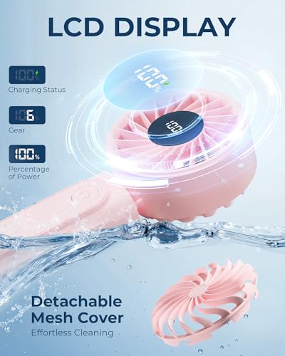 Peiyuu Handheld Portable Fan, 4000mAh USB Rechargeable Personal Fan, 180° Foldable Mini Desk Fan with 6 Wind Speed, LCD Di...