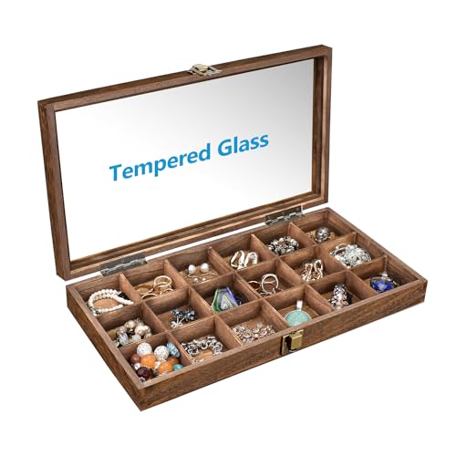 MOOCA Wooden Jewelry Display and Beads Display Storage Case with Tempered Glass Lid , 18 Compartments, 15" W x 8 3/8" L x ...