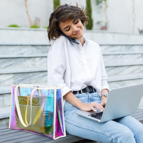 Aliceset Holographic Clear Tote Bag with Leather Handle Iridescent Bachelorette Beach Bag for Work Stadium Travel | with L...