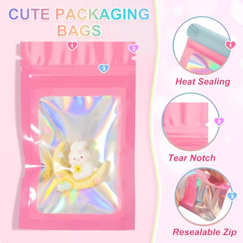 ANZNKU 100 Pack Holographic Mylar Bags, Smell Proof Sealable Packaging Bags with Clear Window for Small Business, Resealab...