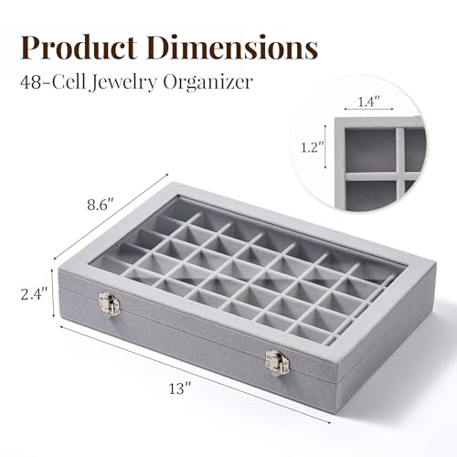 48 Grid Earring Organizer and Storage: Velvet Jewelry Tray with Lid, Jewelry Box for Studs, Earrings, Rings, Necklaces, Dr...