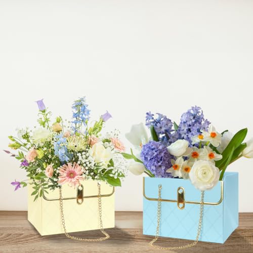 Florist Bouquet Paper Gift Box,4 Pack Folding Bouquet Flower Wrapping Boxes with Metal Chain Handle Basket Packaging Handb...