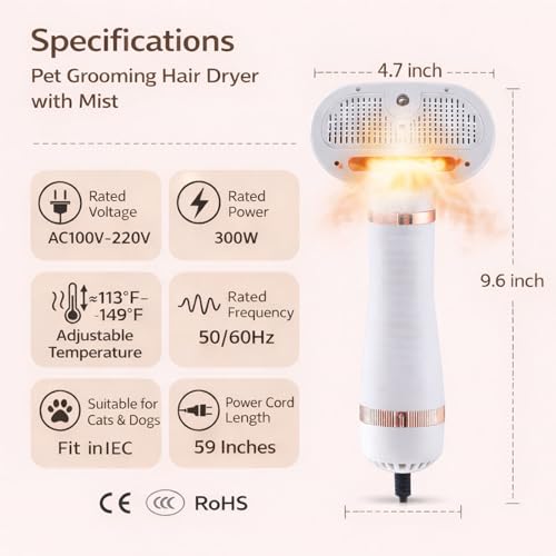 Steam & Dry Pet Grooming Brush for Dogs & Cats, Gentle Touch Deshedding Comb with Light Drying, 4-in-1 Pet Care Tool for B...