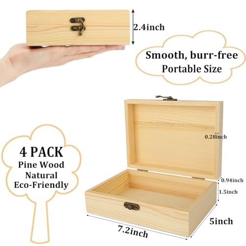 Acrux7 4 Pack Unfinished Wood Boxes, 7.2 Inch Unpainted Wooden Box with Hinged Lid, Small Plain Pine Wood Storage Boxes fo...