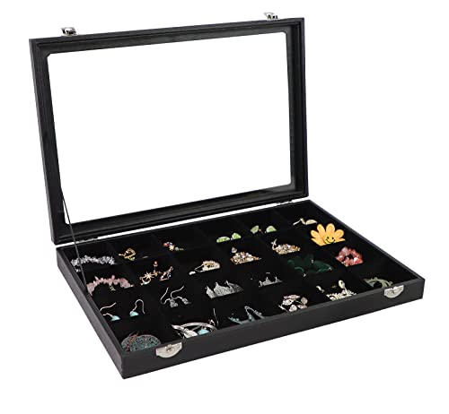 Wudygirl Jewelry Organizer Clear Lid 24 Grid Jewelry Box Case Organizer Showcase Display Jewelry Tray Removable Black Velv...