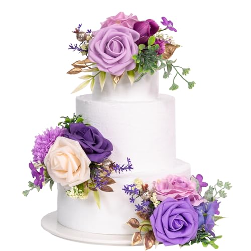 TINGE TIME 3Pcs Pre-made Cake Toppers, Silk Artificial Flowers Decor, Cake Decorations for Weddings, Birthdays, Party,Baby...
