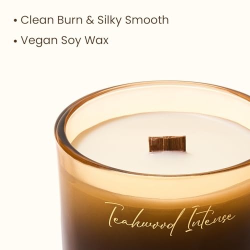 M&SENSE 9.88oz Natural Soy Wax Jar Candle with Wooden Wick | Teakwood Intense Scent | 55-Hour Burn & Long-Lasting Burn | H...