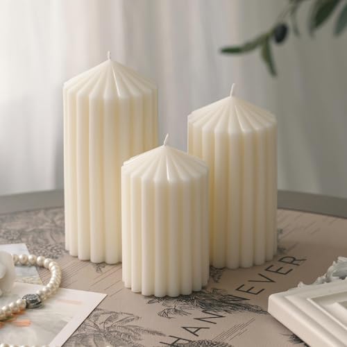 3 Pack White Ribbed Pillar Candles - Soy Wax Unscented, 2.76" x4.2/4.9/5.9 in Smokeless Non Toxic Cotton Wick, Aesthetic M...