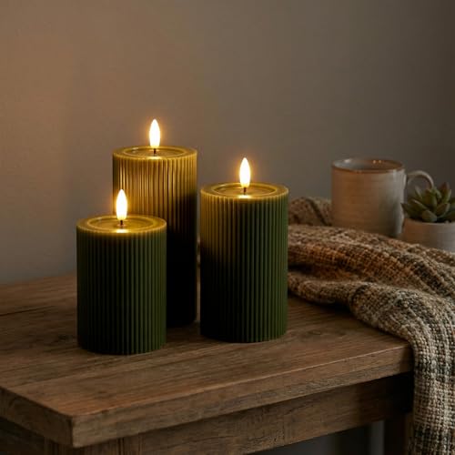 WYZworks Fluted Ribbed LED Pillar Candles, Loden Green, with Realistic Reflective Melted-Wax Effect – Flickering Flame, Re...