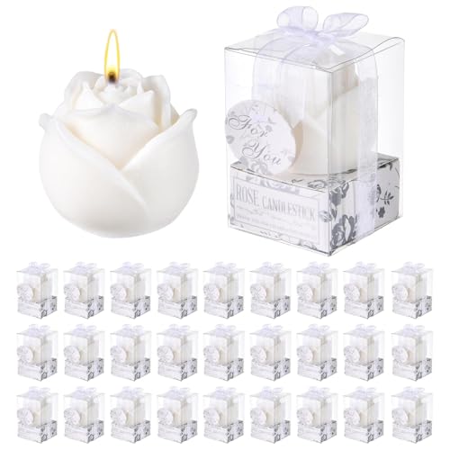 50Set White Rose Flower Shape Candle Bulk Wedding Party Favors Romantic Handmade Delicate Candles with Gift Box, Wedding C...