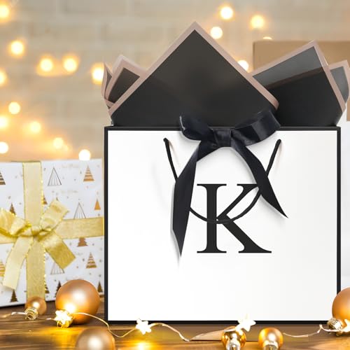 QLSKO Monogrammed Gift Wrap Bag Personalized Initial Paper Bag with Card Matching Envelope Sticker,Bow Ribbon and Wrapping...