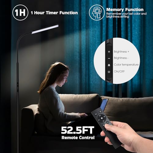 Dimunt LED Floor Lamp, Bright 15W Floor Lamps for Living Room with 1H Timer, Stepless Adjustable 3000K-6000K Colors & Brig...