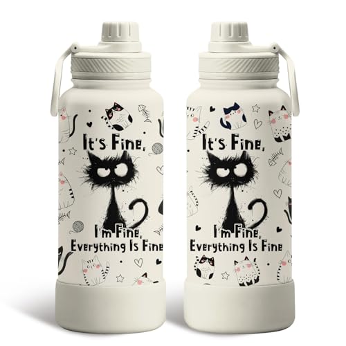 Cat Gifts for Women Girls - 34oz Black Cats Water Bottle, Everything Is Fine Cats Themed Insulated Travel Tumbler, Cute Co...