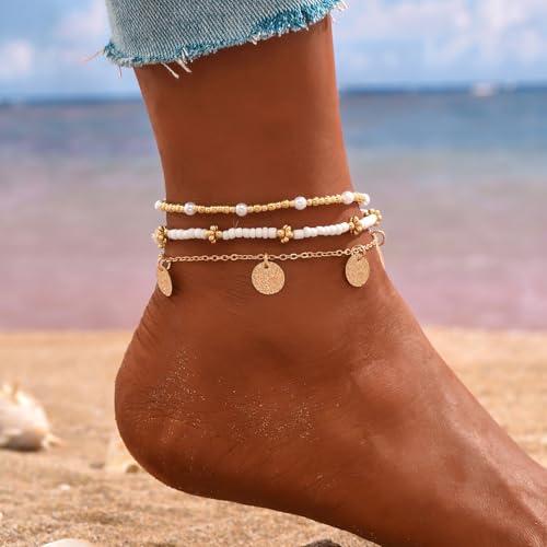 Qceasiy Shell Ankle Bracelet Set for Women, Gold Plated Boho Bead Adjustable Anklet, Hawaiian Beach Seashell Pearl Heart S...
