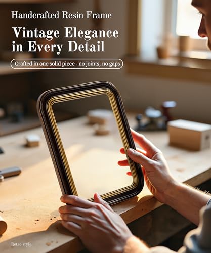 Sonefreiy Vintage 5x7 Picture Frame Antique Dark Brown Gold Photo Frame Resin Hand-Crafted Picture Frames Curved Living Ro...