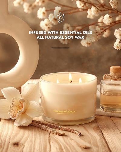 96NORTH Luxury Vanilla Soy Candles | Large 3 Wick Jar Candle | Up to 50 Hours Burning Time | 100% Natural Soy Wax | Relaxi...
