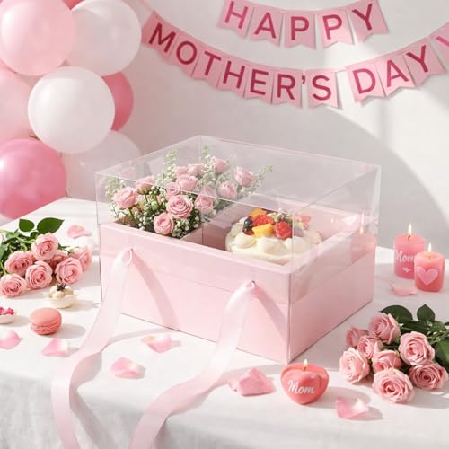 Qinyoung 12 Sets Mother's Day Flower Gift Box Cake Flower Gift Boxes with 12 Pcs Transparent PVC Cake Boxes Mother's Day B...