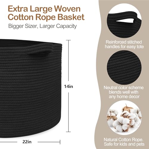 MEGASKET Large Black Blanket Basket, 22" X 22" X 14" Woven Rope Bin for Storage, Kids Dog Toy Storage Box Organizer Bins, ...