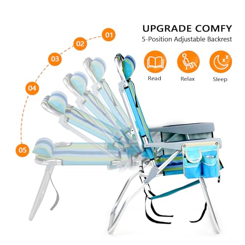 VINGLI Tall Beach Chair 2 Pack Lightweight, Backpack Beach Chair for Adults with 5-Position, Cooler Bag, Cup Holders, Towe...